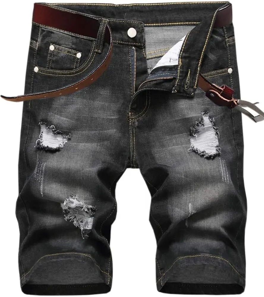 2023 baru Denim celana pendek Medium mode trendi longgar cahaya hitam musim panas pria celana Jeans robek