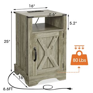 Light Grey Rustic Wooden Farmhouse Nightstand <b>Tall</b> Bedside <b>Table</b> with Electrical Outlets and Charging Station - Product Image 5