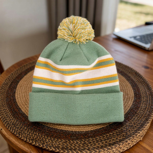 New Children Knitted Hat Fashion Kids <b>Red</b> White Green Striped Acrylic Cold Beanie Fur Ball Travel Beach Birlag Sports - Product Image 5