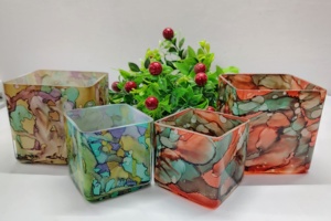 Green and Yellow Shaded Marbleized Fancy Glass High Quality Handmade Decorative Multi-purpose Large <b>Candle</b> <b>Square</b> Textured Jar - Product Image 5