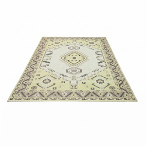 Tapis d'appoint en laine tufté à la main, motif géométrique médaillon vert clair vieilli, antidérapant, avec envers écologique, à poils moyens, pour hôtel - Product Image 2