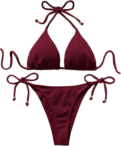 Conjunto de Bikini de Dos Piezas Color Borgoña para Mujer, Top Halter, Braguita Tipo Tanga, Tejido Texturizado, Traje de Baño de Color Sólido, Ajuste Elástico - Product Image 5