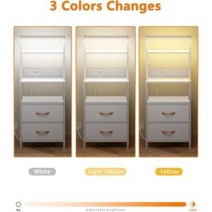 <b>Tall</b> White Nightstand with 4-Tier Shelves and 2 PU Fabric Drawers Bed Side <b>Tables</b> with Light Tube Charging Stati - Product Image 3