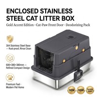 Bac à litière rectangulaire fermé en acier inoxydable avec bouton doré, porte transparente, désodorisant, facile à nettoyer, grande capacité 65L
