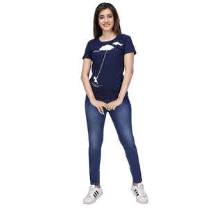 Women's <b>Navy</b> Blue Short <b>Sleeve</b> <b>T</b>-<b>Shirt</b> Solid Casual Crew Neck Loose Fit 100% Cotton Jersey Fabric Anti-Shrink Hollow Spring - Product Image 4
