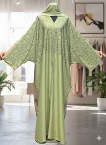 ชุดอาบายะสีเขียวพิสตาชิโอแบบเบาสบาย ระบายอากาศได้ดี ตกแต่งด้วยคริสตัลรูปปีกผีเสื้อ ความยาวระดับพื้น - Product Image 3