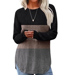Suéteres de Punto Jacquard con Bloques de Color para Mujer, Estilo Moderno, Cuello Redondo, Manga Larga, Corte Alargado - Product Image 1