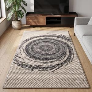 Tapis d'intérieur tendance en laine, couleur unie beige charbon, antidérapant, à poils moyens, tissé à la main, texturé, à boucles épaisses - Product Image 5