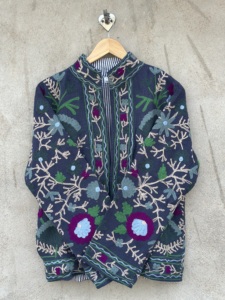Handmade Cotton <b>Velvet</b> Suzani Bomber <b>Jacket</b> Plus Size <b>Women</b> Full Sleeve Floral Embroidery Eco-Friendly Breathable Reversible - Product Image 4