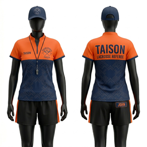 Maillot d'arbitre de lacrosse pour femmes, tissu polyester respirant 180 GSM, couleurs orange et bleu marine, impression par sublimation, logo personnalisé - Product Image 1