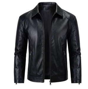 Veste en cuir PU noir pour homme, style motard, col rabattu, fermeture éclair, coupe ajustée, pour l'automne - Product Image 1