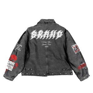 Chaqueta vaquera vintage de alta calidad para hombre, con parches personalizados, estilo urbano, cuello con cremallera, informal. - Product Image 6