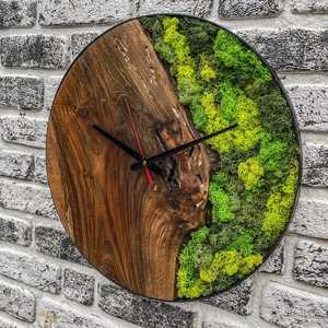 Handmade Wooden Clock Natural Preserved Moss Wall Clock Unique Olive Wood Frame Eco-Friendly Custom Modern Design - Product Image 1