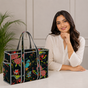 Sac de courses promotionnel en tissu imprimé floral, grande taille, avec doubles poignées d'épaule, fermeture éclair, 16x15 pouces, style décontracté - Product Image 2