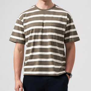 T-shirt rayé pour homme, manches courtes, col rond, décontracté, en coton tricoté, coupe classique, motif imprimé - Product Image 5