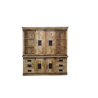 Buffet de cuisine industriel vintage en bois de manguier, grandes étagères ouvertes avec tiroirs de rangement, portes coulissantes pour le salon