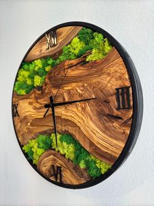 Handmade Olive Wood Moss <b>Wall</b> <b>Clock</b> Rustic Natural Home Eco-Friendly Wooden Moss <b>Clock</b> <b>Unique</b> Forest-Inspired Home Decor Piece - Product Image 4