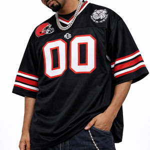 เสื้อฟุตบอลอเมริกันผู้ชายขนาดใหญ่พิเศษสีดำแดง คอวี ผ้าโพลีเอสเตอร์ตาข่าย ชุดทีม ผลิตตามสั่ง OEM ผลิตจำนวนมากจากโรงงาน - Product Image 1