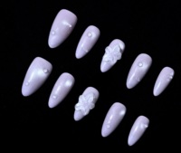 Faux ongles à presser en amande, motif fleur 3D et goutte d'eau, faits main, en gel blanc laiteux nacré, réutilisables et ajustables sur mesure