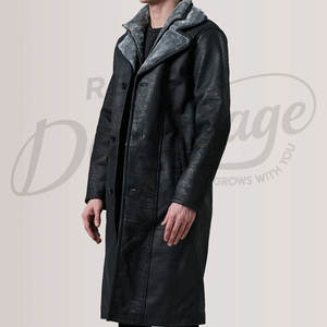 Manteau long en cuir véritable noir pour homme avec doublure en fourrure grise, chaud pour l'hiver, coupe ajustée, en peau de mouton - Product Image 4