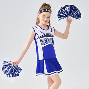 Lucky <b>Cheerleading</b> Uniform Blue White Skirt Style Children's <b>Costume</b> With Pom Poms - Product Image 4