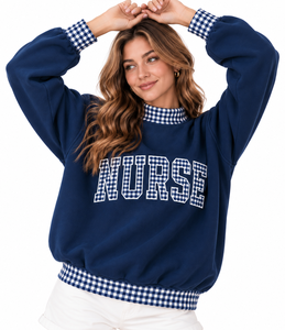 Wholesale Custom Women’s <b>Mock</b> Neck Pullover Gingham Letter Applique Ribbed Cotton Oversized Winter Sweatshirt - Product Image 4