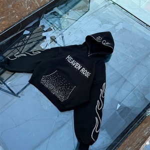 Sweat-shirt à capuche court surdimensionné OEM avec strass, logo personnalisé, manches flamboyantes en cristal, style streetwear, vente en gros, mode féminine - Product Image 4