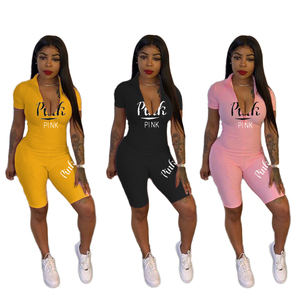 Combinaison Jaune Femme à Manches Courtes Col Polo Taille Haute Coupe Ajustée Imprimé Lettres Printemps-Été Style Urbain - Product Image 6