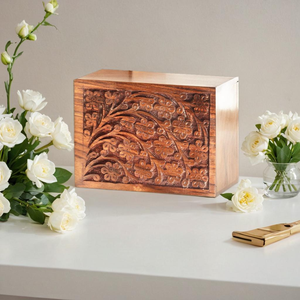 Carved Wooden Urn Box Floral Pattern Memorial <b>Keepsake</b> Cremation <b>Ash</b> Holder Decorative Funeral Supply - Product Image 2