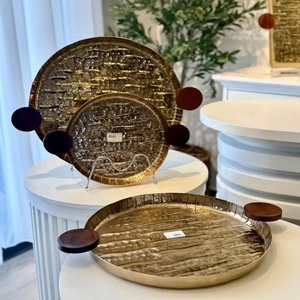 Handmade <b>Round</b> Aluminum <b>Tray</b> Brown Wooden Handle Traditional Hammered Design Gold Polished Serving <b>Tray</b> Home Hotel Salad Decor - Product Image 1