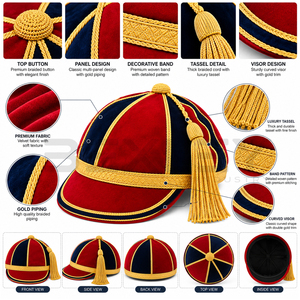 Casquette d'honneur en velours rayé rouge marine avec passepoil tressé doré et pompon, casquette classique pour équipe scolaire, sportive, cérémonie, récompense, avec logo personnalisé - Product Image 5