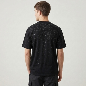 Camiseta Negra para Hombre con Pedrería, Algodón Pesado, Diamantes Hotfix, Degradado, Estilo Urbano Oversize - Product Image 2