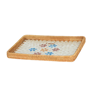 Luxury Rectangular Rattan Mother Of Pearl Tray Flower Polka Dot Pattern Elegant Serving Platter For Coffee <b>Table</b> Wholesale - Product Image 1