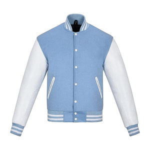 Chaqueta Varsity Azul Claro y Blanca de Moda, Estilo Preppy, Cuello Camisero, Corte Regular, para Otoño - Product Image 1