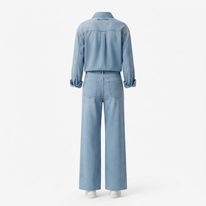 Women Light Blue Denim <b>Shirt</b> And Wide Leg Jeans Set Casual Two Piece Matching Denim Outfit Streetwear Fashion - Product Image 4