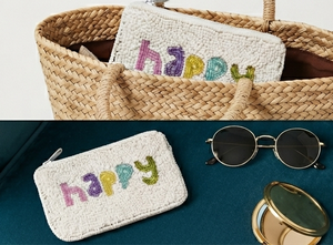 Handmade Beaded <b>Pouch</b> With Happy Lettering White Base Multicolor Beads Zipper Closure Crafted Accessory - Product Image 4