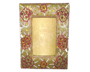 Handmade Wooden Rectangular Photo <b>Frame</b> With Gold Floral <b>Embroidery</b> Ornate Wall Decor Vertical Orientation - Product Image 1