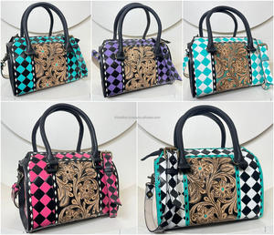 Bolso de mano de cuero a cuadros hecho a mano de 11 pulgadas para mujer, elegante bolso de piel de vaca, bandolera de viaje, tipo duffel, de la March Expo 2026 - Product Image 6