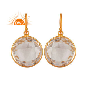 Round Shape Crystal Quartz Gemstone Earrings Wholesale 18k <b>Gold</b> Plated 925 Silver Bezel <b>Set</b> Dangle Earrings Jewelry - Product Image 5