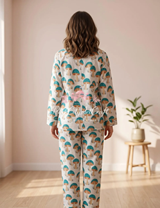 Handmade 100% Cotton Summer Mushroom Print Women's Full-Sleeve Button-<b>Down</b> Pajama Set Quick Dry Breathable Fabric Elastic Waist - Product Image 3