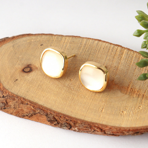 Designer white moonstone cushion stud <b>earrings</b> 18k gold plated brass minimalist gemstone push <b>back</b> elegant bridal jewelry women - Product Image 6