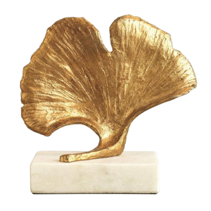 Sculpture abstraite en métal couleur or en forme de feuille de Ginkgo, centre de table texturé, base en marbre, objets décoratifs - Product Image 1