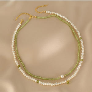 Collier en perles d'eau douce d'olivine naturelle pour femmes, chaîne de clavicule à double rang, luxe léger, style tendance, à deux niveaux - Product Image 1