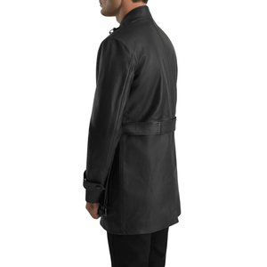 Men's <b>Black</b> Genuine Leather Long <b>Coat</b> Stand Collar Zipper Button Knee Length Jacket - Product Image 2