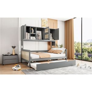 All-in-One Full Size <b>Wooden</b> <b>Daybed</b> with Twin Size Trundle Gray Cabinet and Shelf - Product Image 4