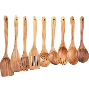 Eco Friendly Modern Design Rose <b>Gold</b> Plated Long Handle Wooden Kitchen Cooking Utensil Set Handmade Natural Wood Spatula <b>Spoon</b> - Product Image 1