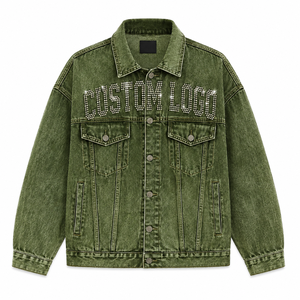 Veste en jean vert olive personnalisée avec logo en strass, veste de mode personnalisée - Product Image 1