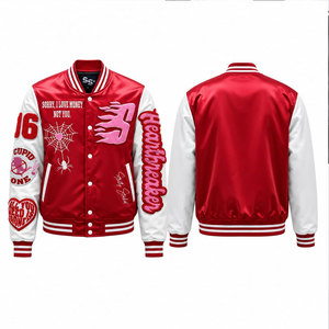 Veste universitaire rouge pour homme avec manches blanches, patch Heartbreaker brodé, style preppy, col rabattu, matière polyester - Product Image 1