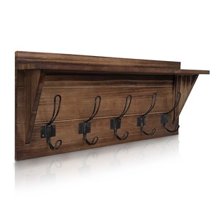 Reclaimed Pine Wood Wall <b>Coat</b> Rack with 5 Black <b>Hooks</b> - Wholesale - Product Image 3