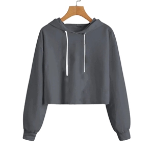 Women's Gray Hooded Crop Sweatshirt Full Sleeve Knitted Solid Casual Breathable Winter Wear Polyester <b>Zippers</b> - Product Image 1